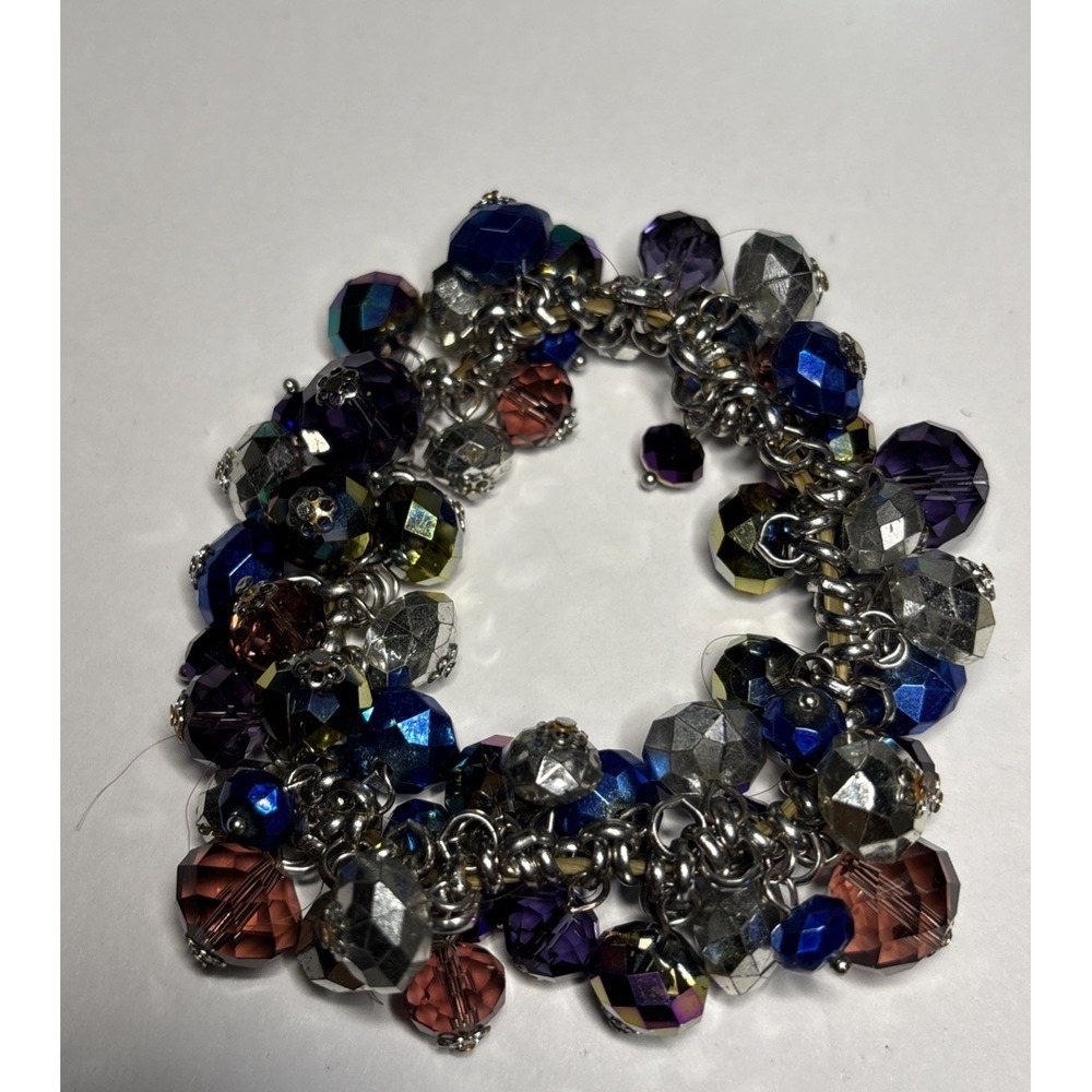Chunky Faceted Glass Bead Cluster Charm Bracelet Blue Purple Silver Tone